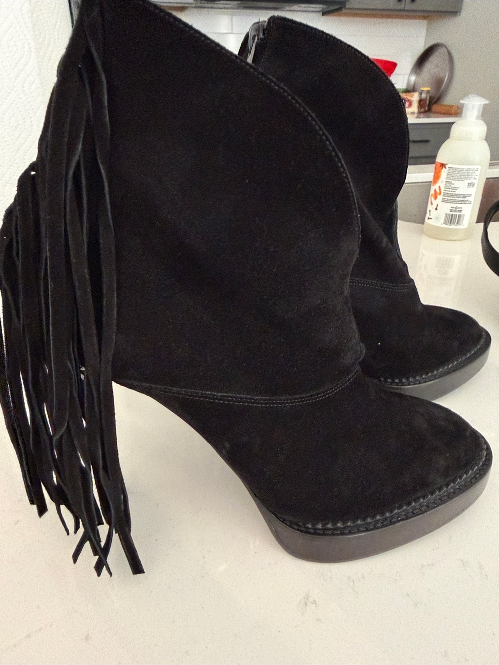 Burberry Black Suede Fringe Wedge Ankle Boots